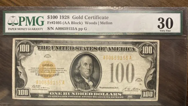 Fr.2405 1928 $100 One Hundred Dollars Gold Certificate Gold Seal, PMG 30