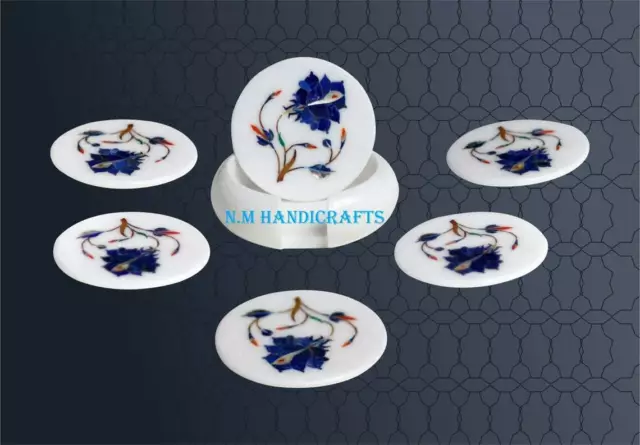Floral White Marble Inlay Coaster Lapis Lazuli Inlaid Coasters 6 Pcs Set Holder