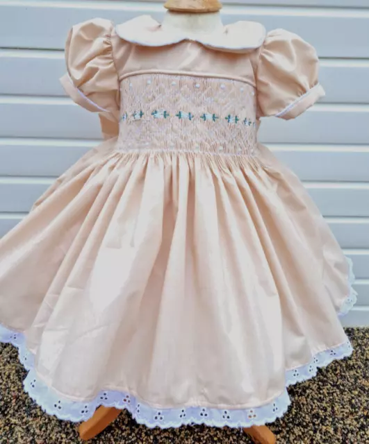 Dream baby girls 0-7 years fawn smocked embroidered traditional belt lined dress