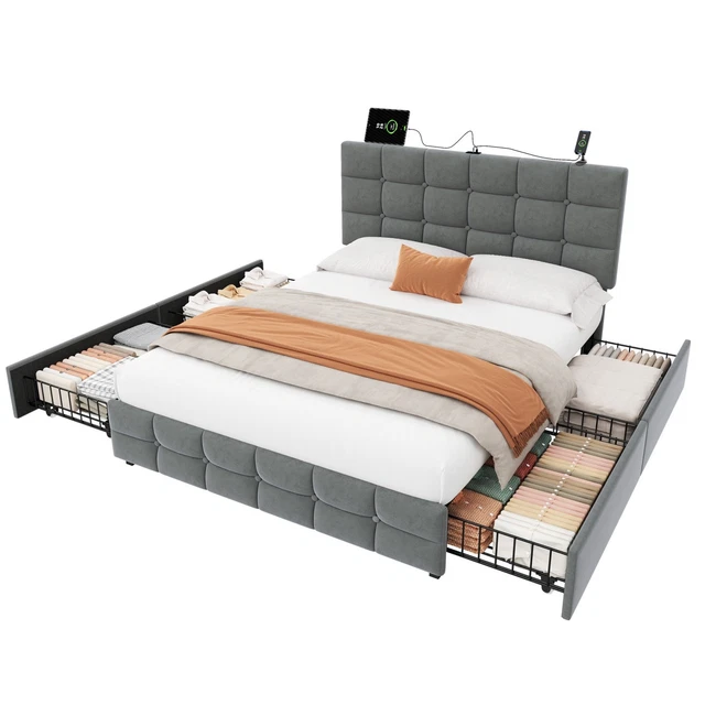 DOUBLE BED FRAME with 4 Storage Drawers Upholstered Headboard with USB ...