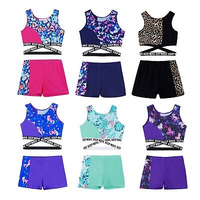 Kids Girls Dancing Outfit Crop Top with Shorts Gymnastics Sportswear Swimsuit