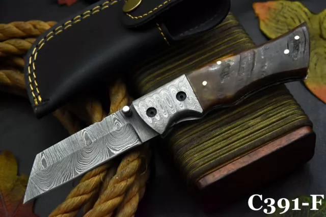 Custom Damascus Steel Folding Knife Handmade With Rams Horn Handle (C391-F)