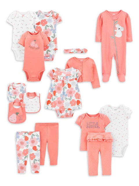 BabyGirl Bodysuits,Pants,Outfit Set,SleepN' Play,&Bibs15-Piece, Preemie 9M.