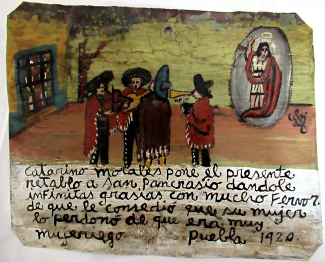 VTG HP MEXICAN TIN RETABLO SERENADE MAKE WIFE FORGIVE UNFAITHFUL HUSBAND in 1920 2