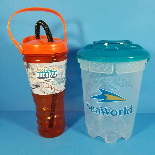 SEAWORLD ORLANDO ICE Breaker Refillable Cup & Popcorn Bucket Set Lot