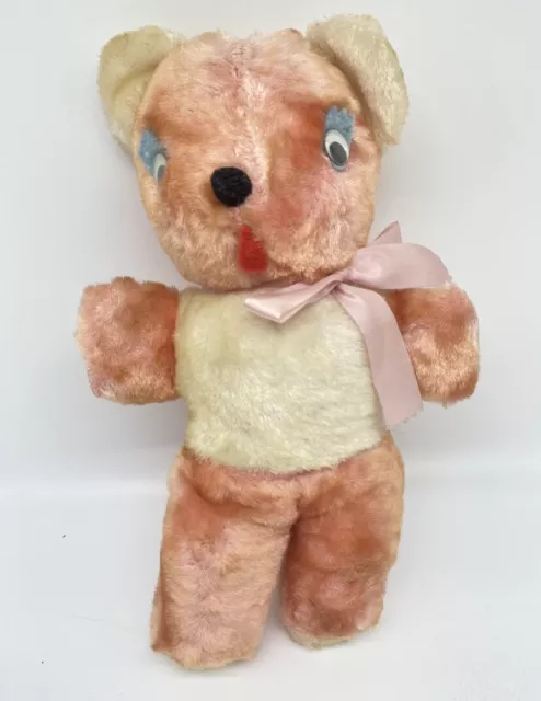 Vintage Pink Musical Wind Up Teddy Bear Plush Stuffed Working - 60s Music box