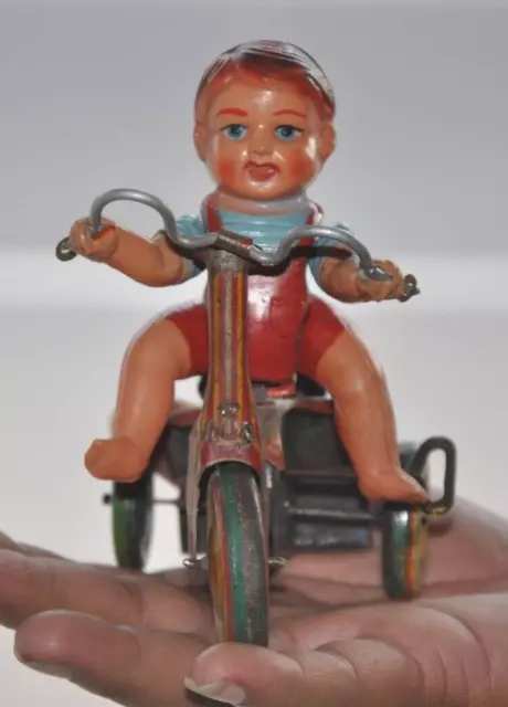 Vintage Aufziehen Junge Reiten Dreirad Litho Blech Spielzeug, Japan