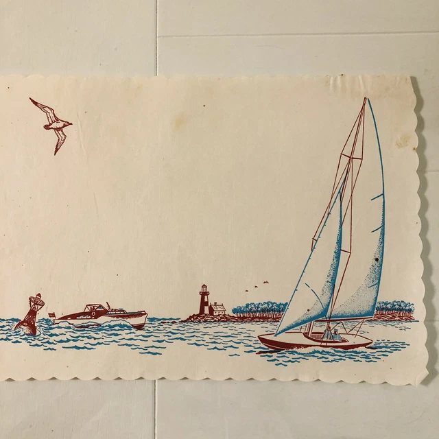Vintage Paper Place Mat, Gulf Coast, Boat, Lighthouse, Americana