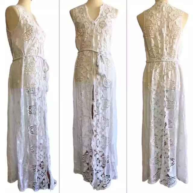 Miguelina White Cotton Lace Sleeveless Sash Belt Maxi Swimuit Coverup Dress S