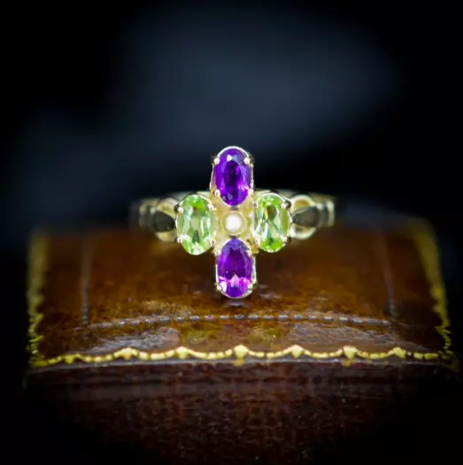 Suffragette Style Amethyst Peridot and Pearl 9ct Yellow Gold Cluster Ring