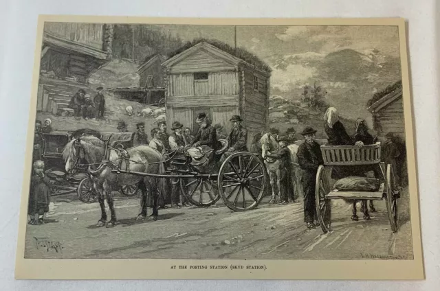 1889 magazine engraving ~ AT THE POSTING STATION, SKYD Norway