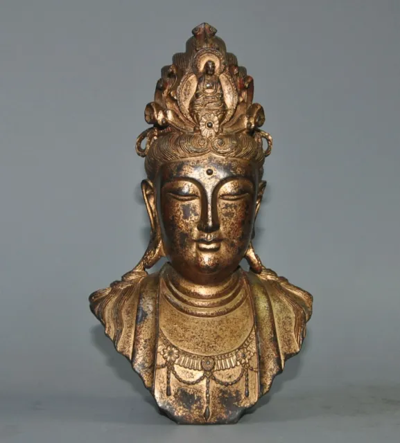8" old China Buddhism temple bronze Gilt Kwan-Yin GuanYin Buddha's head statue