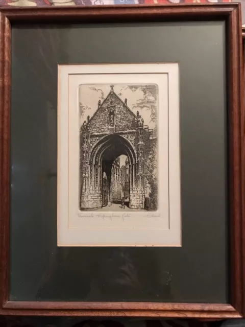 Framed Etching Print signed T Stead Norwich Erpingham Gate 6.5x4.5”” Frame 11x9”