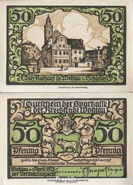 Banknoten Wohlau 1921 Notgeld: 50 Pf Notgeld der Stadt Wohlau bankfrisch