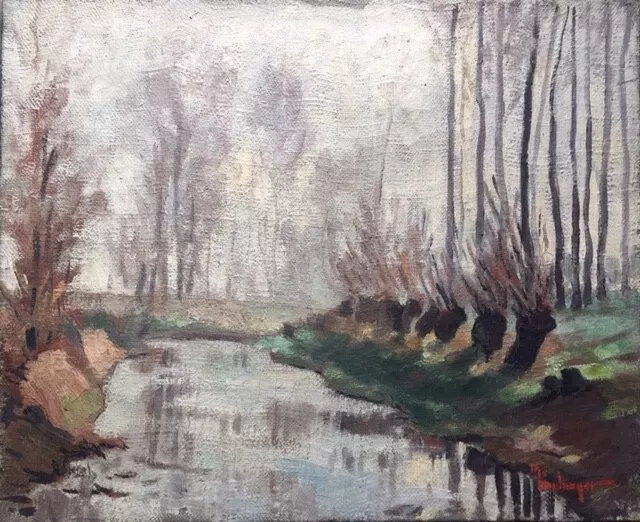 Peinture Huile sur Toile Paysage à la Rivière signée Boulanger Normandie