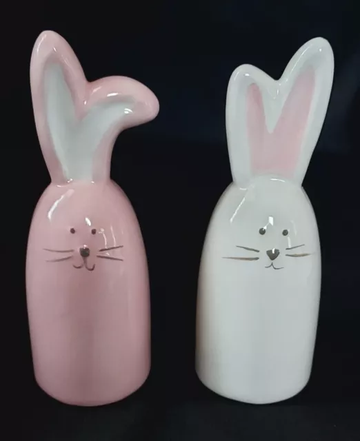 Salt and Pepper Shakers Bunny Rabbits Pink White 4” Spring Easter Decor Whimsy