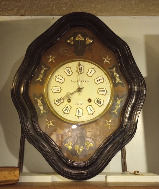 French Comtoise/Morbier Clock in Ebonized Frame with Mother-of-Pearl Inlay