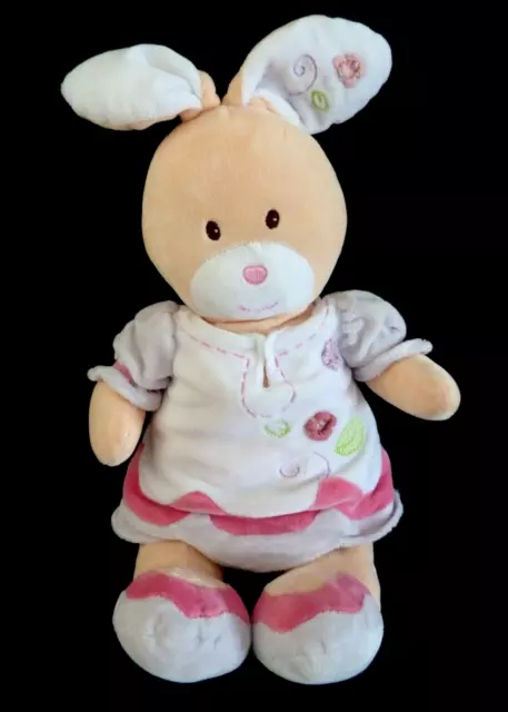 B6. DOUDOU PELUCHE LAPIN NOUNOURS robe blanc rose mauve vert fleur 37cm - TTBE