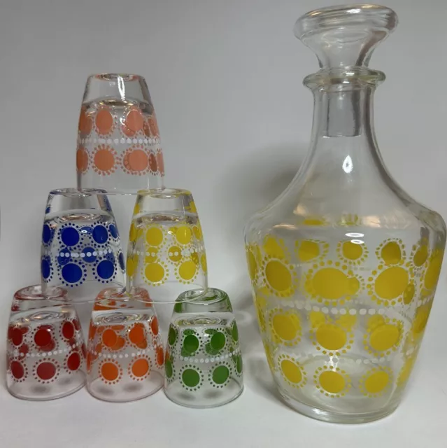 Vtg French Liqueur Set Polka Dot Decanter and Shot Glasses NIB Mid-century 60s