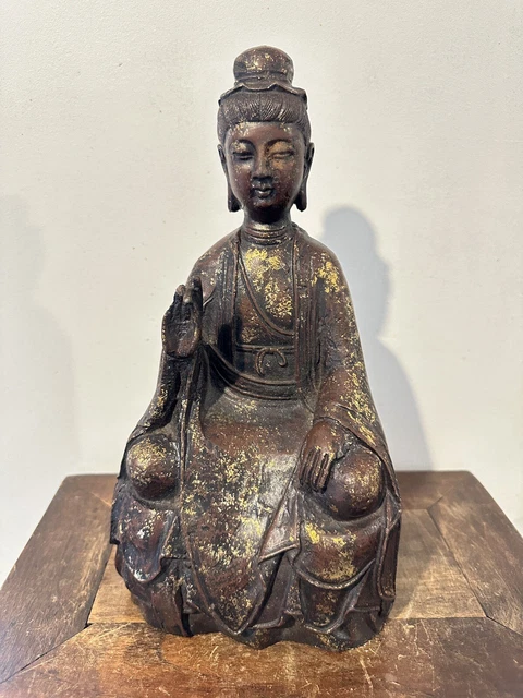 Chinese Bronze Guan Yin Buddha Gilt Paint Remnants Seal Mark To Back