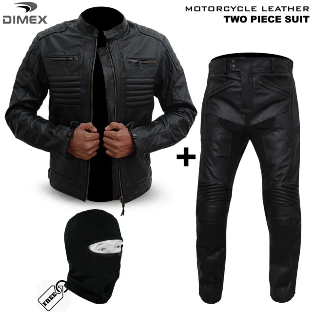 Mens Motorcycle Leather Racing Two Piece Suit Motorbike Riding Jacket + Trousers