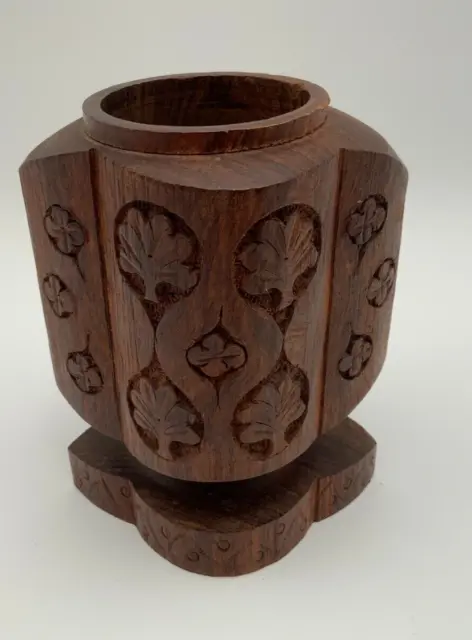 Ornate Hand Carved Wooden Vessel from India Leaf Design