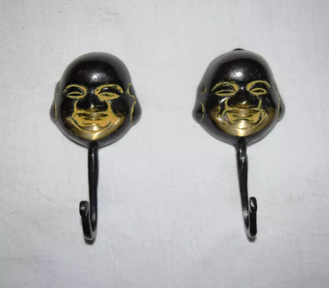 Brass Wall Decor Hook Pair Laughing Buddha Hook Antique Design Lucky Item CA81