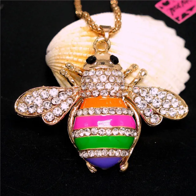 New Betsey Johnson Cute Mixed Enamel Bee Honey Crystal Pendant Chain Necklace