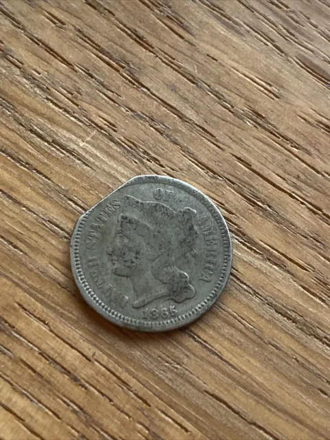 #001 1865 Three Cent Piece Nickel, Chipped, Good Filler, Make An Offer