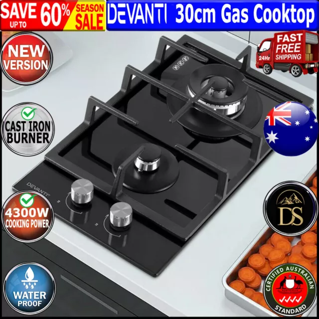 Devanti Gas Cooktop 30cm Gas Stove Cooker 2 Burner Cook Top Konbs NG LPG Black