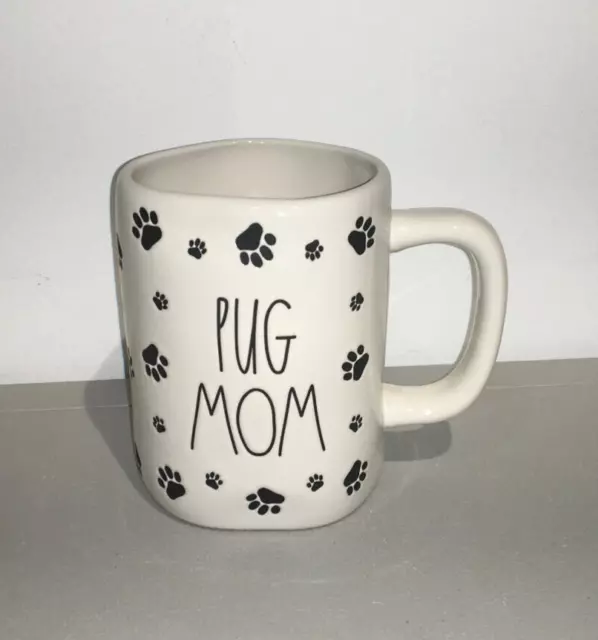 Rae Dunn Coffee Mug "Pug Mom" White W/ Paw Print Pattern (New)