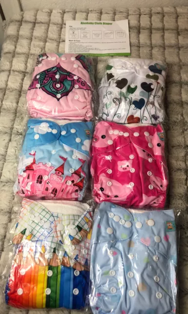 AlvaBaby Reuseable Washable Pocket Cloth 6 diapers + 12 inserts Girl New in Pack
