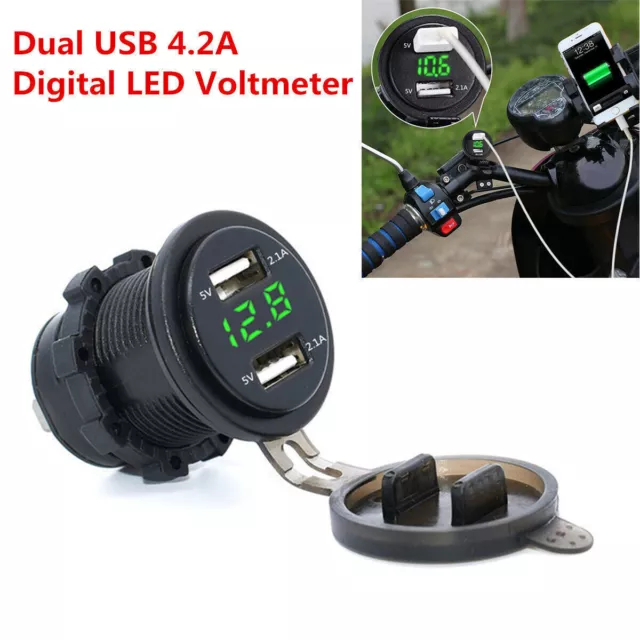 Waterproof Dual USB Charger Socket Power Outlet 4.2A & Voltmeter for Motorcycle