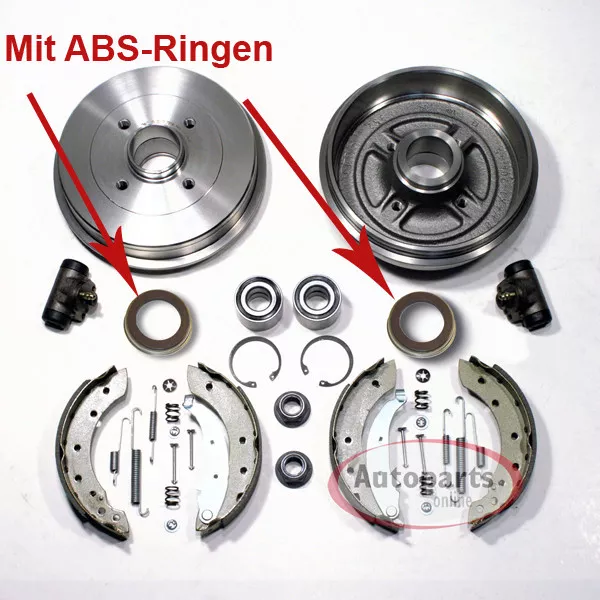 Bremstrommel 200 mm Bremsbacken 2 ABS Ringe 2 Radlager hinten für Opel Corsa C