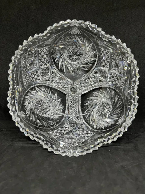 American Brilliant Cut Glass-Pinwheels-Crosscut Diamonds-Bowl  8"-Signed Clark