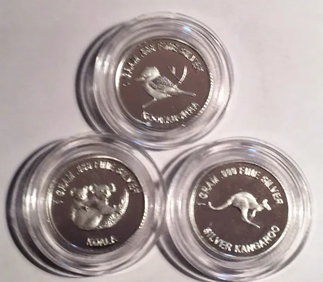 Set of 3, 999 Pure Silver 1 Gram (approx) coins, Roo, Koala, Kookaburra, Cert 2