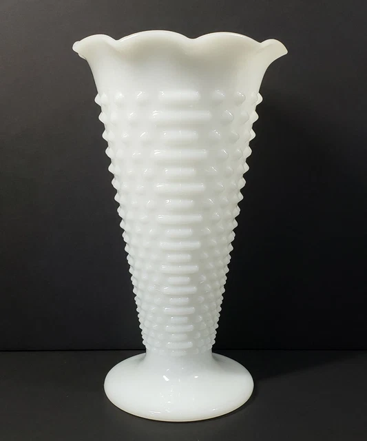 VINTAGE ANCHOR HOCKING 9.5" Pedestal Milk Glass Hobnail Trumpet Vase