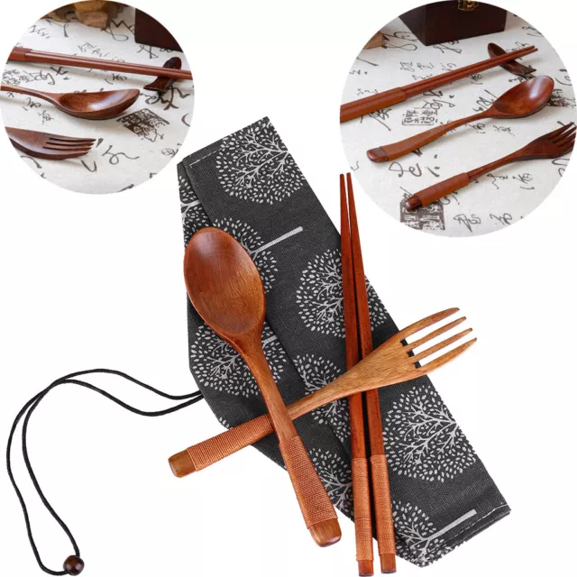 Japanese Vintage Wooden Chopsticks Spoon Fork Tableware 3pcs Set New Gift