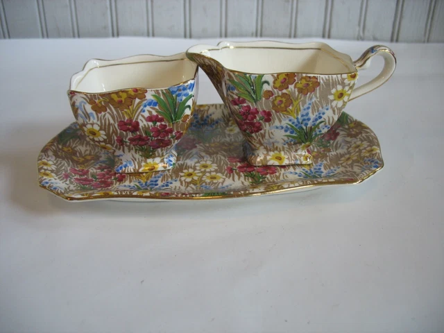 S/3 Royal Winton chintz MARGUERITE tray sugar & creamer England ascot floral