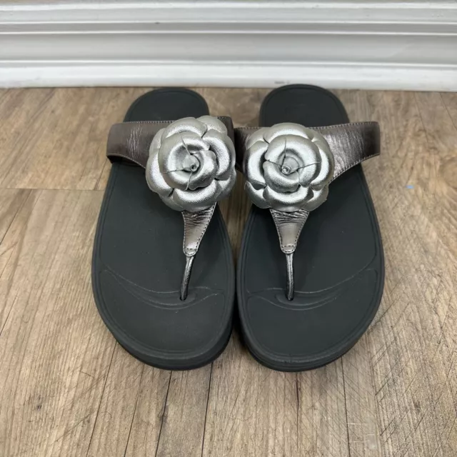 Fitflop Florent Silver Flower Slip On Thong Flip Flop Sandals Shoes Womens 10
