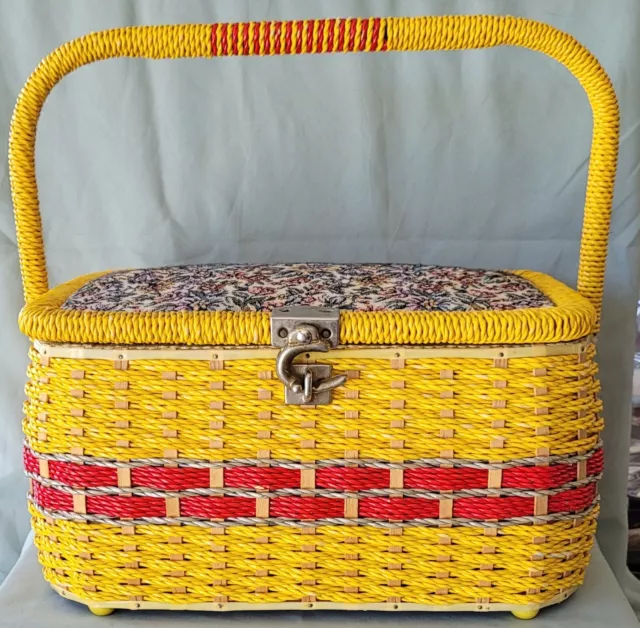 Vintage Sewing Basket Yellow Satin Lining  Made in Japan #2554 Tapestry Top