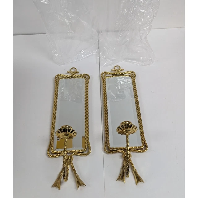 Set of 2 Home Interior Twisted Rope Wall Shelf Brass Mirror 18” Vintage In Origi