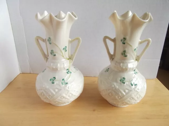 Pair Belleek Two Handled Vases - Green Backstamp