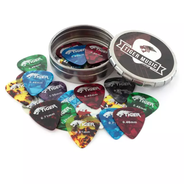 Tiger Celluloid Guitar Picks and Tin 25x Guitar Plectrums Varying Gauges