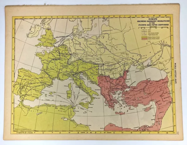 1952 Antique BARBARIAN MIGRATIONS Map Vintage Hammond's New Supreme World Atlas