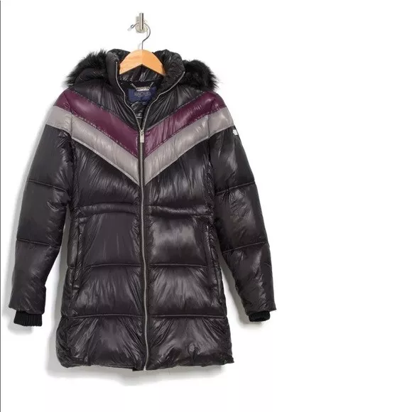 RACHEL RACHEL ROY Colorblock Faux Fur Removable Hood Puffer Jacket Women L 2