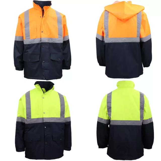 Men's Hi Vis Waterproof Rain Jacket Reflective Tape Quilted Workwear Hooded Coat