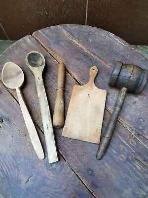 Xxl primitive old wooden carved kitchen set board spoons pestle hammer pestle