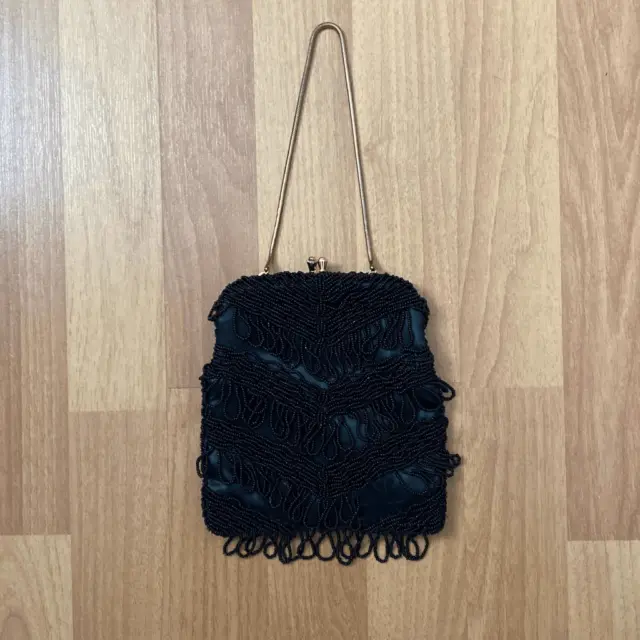 Vintage Wolborg Black Beaded Evening Bag Clutch Kiss Lock Closure Made Hong Kong