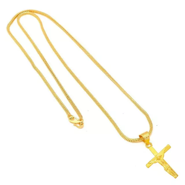 Stylé Chrétien Cuivre Plaqué Or Jésus Croix Médaillon avec Chaîne 61cm